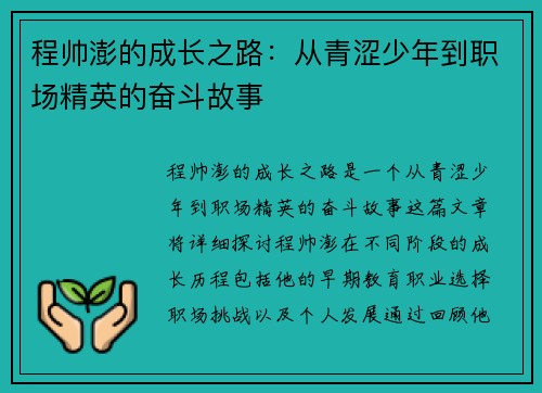 程帅澎的成长之路：从青涩少年到职场精英的奋斗故事