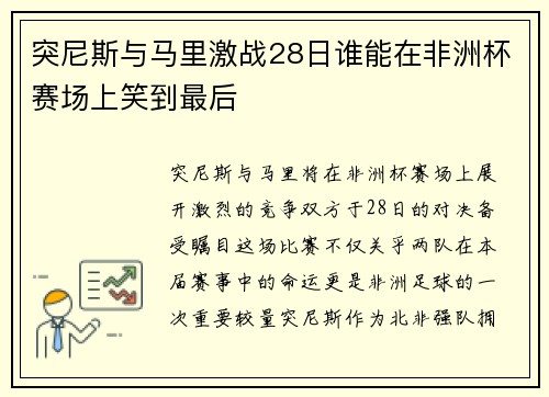 突尼斯与马里激战28日谁能在非洲杯赛场上笑到最后